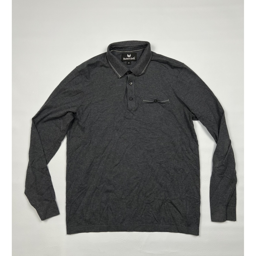 Buttercloth Long Sleeve Polo Mens M Gray Button Pocket Casual